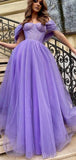 Purple Off the Shoulder A-line Sparkly Tulle Modest Party Long Prom Dresses PD362