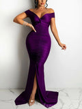 Purple Off the Shoulder Mermaid Elegant Formal Black Girls Slay Satin Evening Long Prom Dresses PD537