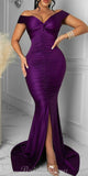 Purple Off the Shoulder Mermaid Elegant Formal Black Girls Slay Satin Evening Long Prom Dresses PD537