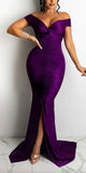 Purple Off the Shoulder Mermaid Elegant Formal Black Girls Slay Satin Evening Long Prom Dresses PD537