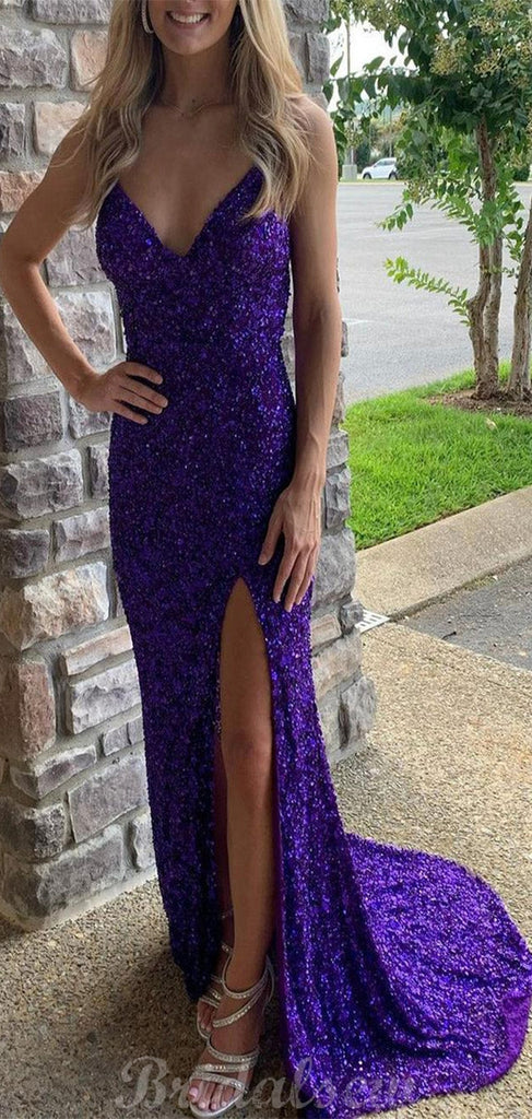 Purple Sparkly Sequin Mermaid Spaghetti Straps Black Girls Slay Evening Long Prom Dresses PD496