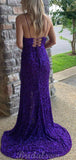 Purple Sparkly Sequin Mermaid Spaghetti Straps Black Girls Slay Evening Long Prom Dresses PD496