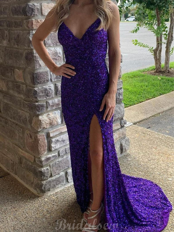 Purple Sparkly Sequin Mermaid Spaghetti Straps Black Girls Slay Evening Long Prom Dresses PD496