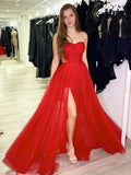 Red A-line Custom Strapless Long Evening Party Prom Dresses PD239