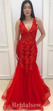 Red Appliques V-Neck Fashion Elegant Mermaid Formal Long Evening Prom Dresses PD1049