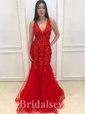 Red Appliques V-Neck Fashion Elegant Mermaid Formal Long Evening Prom Dresses PD1049