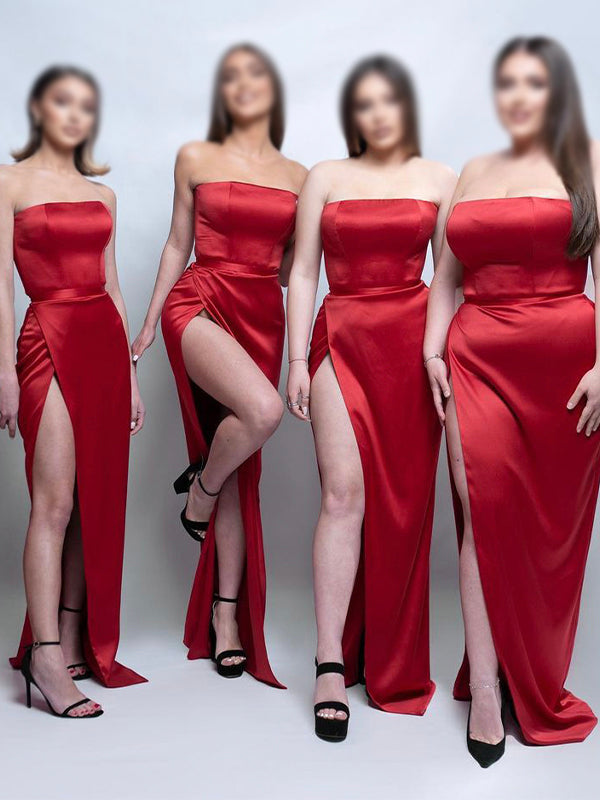 Red Black Strapless Satin Unique Plus Size Elegant Long Beach Formal Bridesmaid Dresses BD231