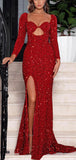 Red Mermaid Sparkly Sequin Modest New Long Evening Prom Dresses With Long Sleeves PD1196