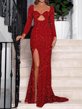 Red Mermaid Sparkly Sequin Modest New Long Evening Prom Dresses With Long Sleeves PD1196