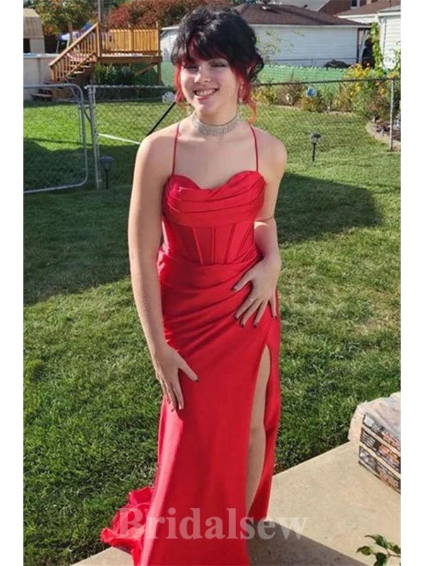 Red Popular Best Spaghetti Straps Stylish Unique Mermaid Long Party Evening Prom Dresses, PD1256