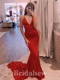 Red Satin Modest Fashion Elegant Mermaid Formal Long Evening Prom Dresses PD1046