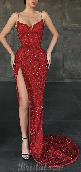 Red Sequin Sparkly Mermaid Simple Formal Long Prom Dresses, Evening Dr ...