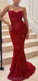 Red Sparkly Sequin Mermaid Elegant Black Girls Slay Simple Evening Modest Long Prom Dresses PD492