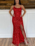 Red Sparkly Sequin Mermaid Spaghetti Straps Black Girls Slay Evening Long Prom Dresses PD494