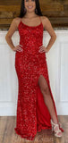 Red Sparkly Sequin Mermaid Spaghetti Straps Black Girls Slay Evening Long Prom Dresses PD494