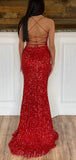 Red Sparkly Sequin Mermaid Spaghetti Straps Black Girls Slay Evening Long Prom Dresses PD494