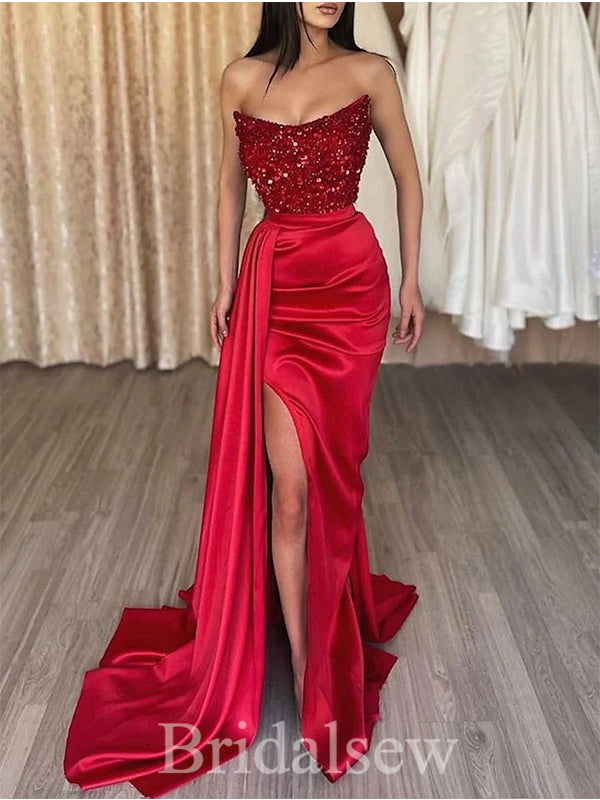 Red Strapless High Slit Popular Fashion Mermaid Elegant Party Women Long Evening Prom Dresses PD636