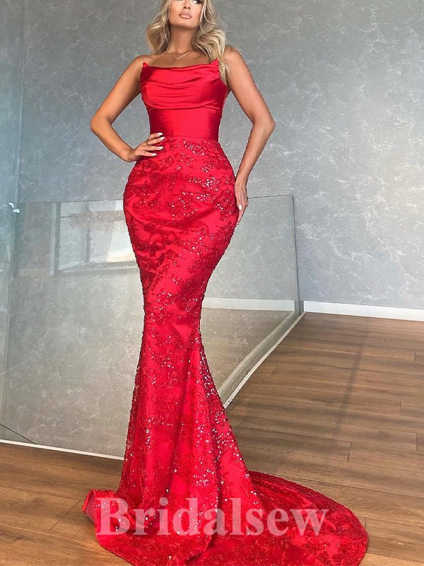 Red Strapless Long Elegant Mermaid Satin New Best Unique Stylish Prom Dresses PD1165