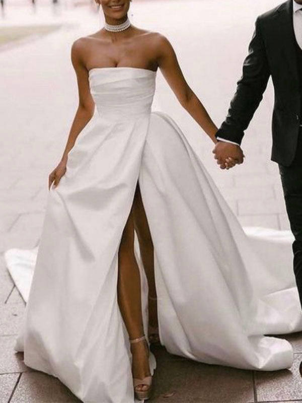 Romantic A-line Elegant Strapless Beach Long Wedding Dresses WD173