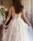 Romantic A-line Spaghetti Straps Lace Plus Size Beach Long Wedding Dresses WD137