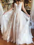 Romantic A-line Spaghetti Straps Lace Plus Size Beach Long Wedding Dresses WD137
