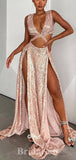 Rose Pink Sequin Sparkly Glitter Elegant Mermaid Long Evening Prom Dresses PD1202