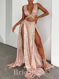 Rose Pink Sequin Sparkly Glitter Elegant Mermaid Long Evening Prom Dresses PD1202