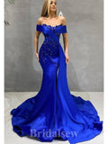 Royal Blue Off the Shoulder Stylish Unique Mermaid Long Party Evening Prom Dresses, PD1255