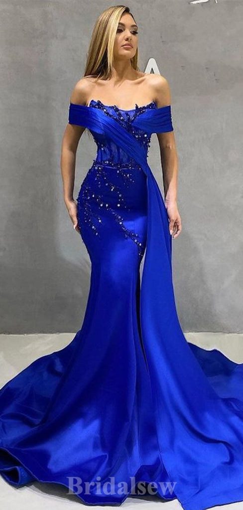 Royal Blue Off the Shoulder Stylish Unique Mermaid Long Party Evening Prom Dresses, PD1255
