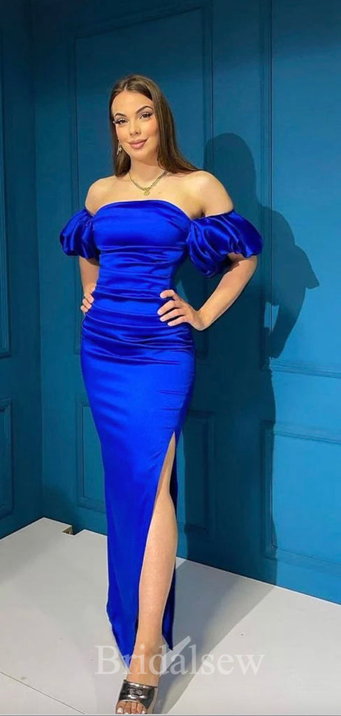 Royal Blue Satin Mermaid Slit Elegant Modest Women Long Evening Prom Dresses PD601