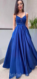 Royal Blue Satin Spaghetti Straps Modest Elegant Long Women Evening Prom Dresses PD813