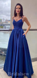 Royal Blue Satin Spaghetti Straps Modest Elegant Long Women Evening Prom Dresses PD813