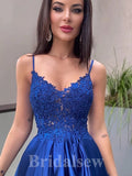 Royal Blue Satin Spaghetti Straps Modest Elegant Long Women Evening Prom Dresses PD813
