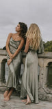 Sage Green Simple Spaghetti Straps New Plus Size Elegant Long Formal Bridesmaid Dresses BD211
