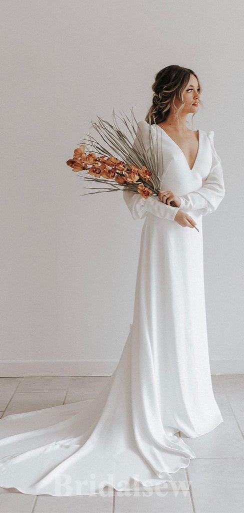 Satin Long Sleeves Elegant Best Vintage Dream Beach Long Wedding Dresses, Bridal Gown WD462