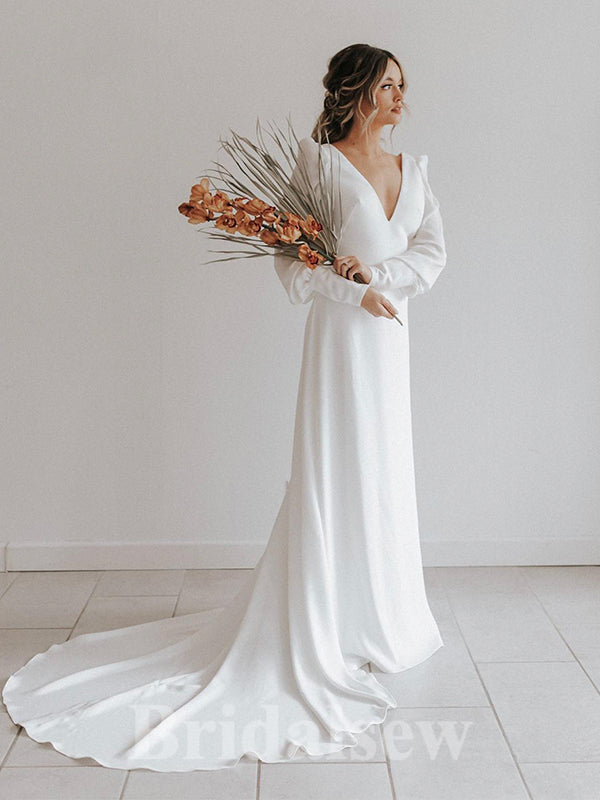 Satin Long Sleeves Elegant Best Vintage Dream Beach Long Wedding Dresses, Bridal Gown WD462