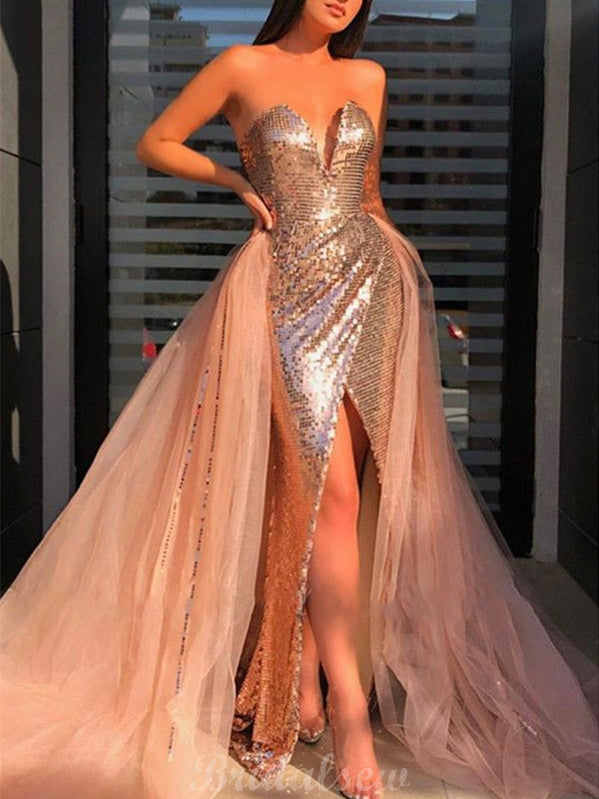 Sequine Strapless V-neck Prom Dresses with Detachable Train PD024 bridalsew Sequine Strapless V-neck Prom Dresses with Detachable Train PD024 bridalsew