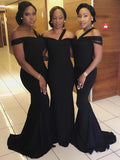 Sexy Black Mermaid Off-the-Shoulder Long Bridesmaid Dresses, Wedding Guest Dress BD087