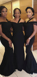 Sexy Black Mermaid Off-the-Shoulder Long Bridesmaid Dresses, Wedding Guest Dress BD087