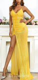 Sexy Yellow Glitter Elegant Unique Mermaid Formal Modest Long Evening Prom Dresses PD1036