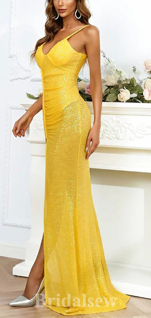 Sexy Yellow Glitter Elegant Unique Mermaid Formal Modest Long Evening Prom Dresses PD1036