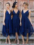 Short Lace Spaghetti Straps Pink Navy Blue Bridesmaid Dresses BD039