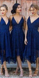Short Lace Spaghetti Straps Pink Navy Blue Bridesmaid Dresses BD039