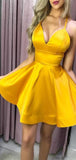 Short Prom Dresses, A-line Cheap Popular Gold Yellow V-Neck Homecoming Dresses, HD018