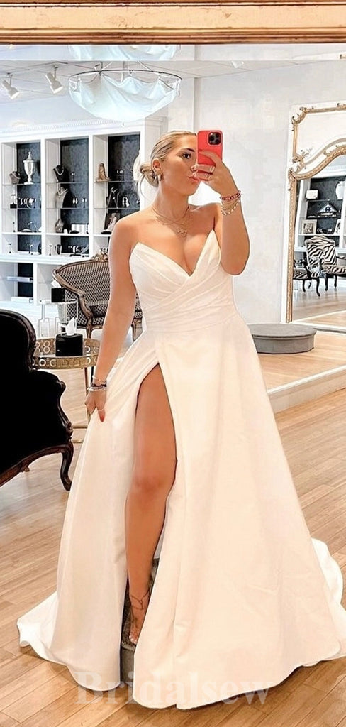Simple A-line Satin V-Neck Plus Size Vintage Long Romantic Glitter Wedding Dresses WD416