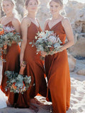 Simple Beach Burnt Orange Spaghetti Straps Bridesmaid Dresses BD101