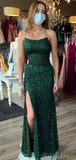 Simple Dark Green Mermaid Spaghetti Straps Sparkly Sequin Party Long Prom Dresses PD369