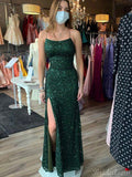 Simple Dark Green Mermaid Spaghetti Straps Sparkly Sequin Party Long Prom Dresses PD369