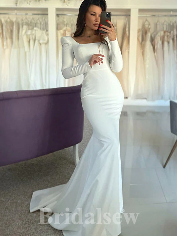 Simple Elegant Mermaid Long Sleeves Romantic Satin Beach Vintage Long Wedding Dresses WD364
