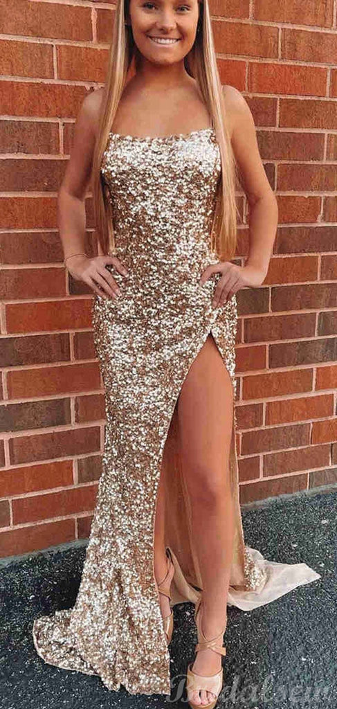 Simple Long Mermaid Sequin Sparkly Spaghetti Straps Women Formal Prom Dresses PD380